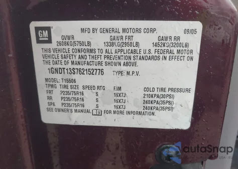 2006 Chevrolet Trailblazer Ls из США, поврежденный, VIN 1GNDT13S762152776